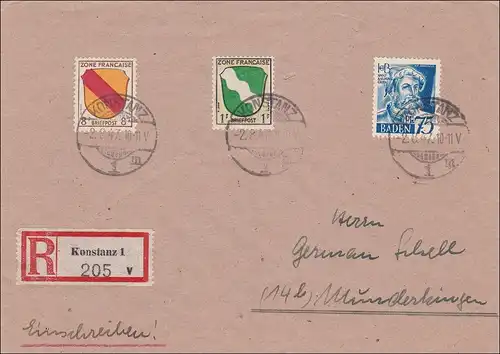Zone française: lettre recommandée de Constance à Munderkingen 1947