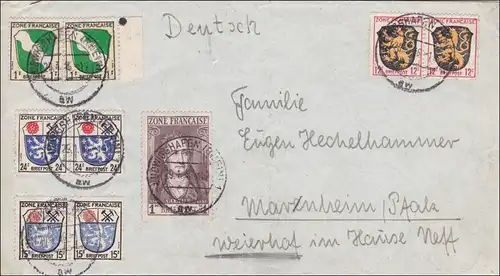 Zone française: Lettre de Ludwigshafen 1946 à Marenheim/Pfalz