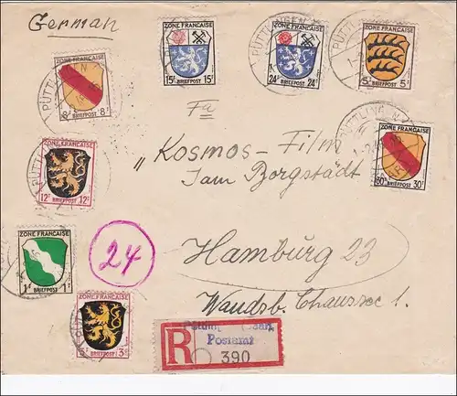 Französische Zone: Einschreiben von Püttlingen nach Hamburg 1946