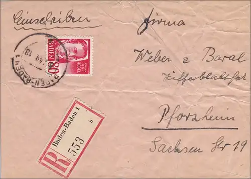 Französische Zone: Baden-Baden nach Pforzheim 1949 - Vorderseite