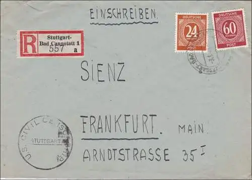 Einschreiben aus Stuttgart, Bad Cannstatt nach Frankfurt 1946 - Zensur US