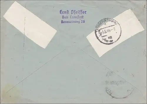 Lettre recommandé de Stuttgart, Bad Cannstatt après Francfort 1946 - censure US