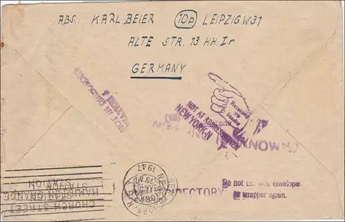 Leipzig nach New York 1946 - Marke abgelöst, zurück zum Absender, viele Stempel