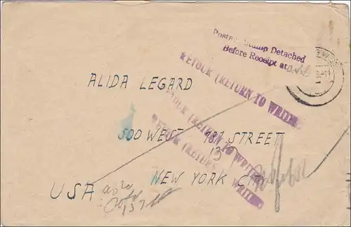 Leipzig à New York - marque remplacée, retour à l'expéditeur, beaucoup de timbres