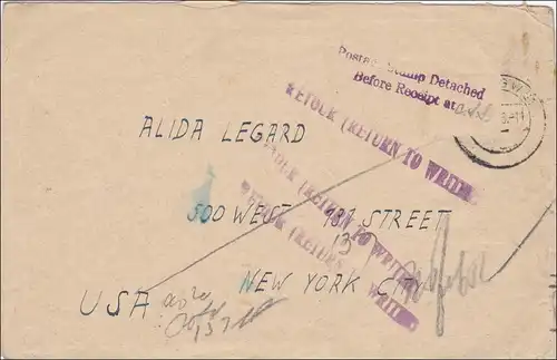 Leipzig nach New York 1946 - Marke abgelöst, zurück zum Absender, viele Stempel