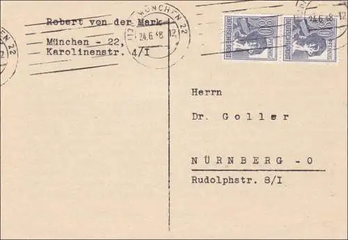 Postkarte von München nach Nürnberg 1948