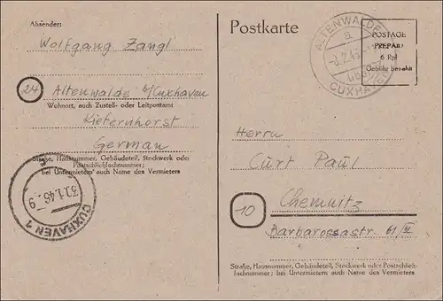 Postkarte Altenwalde / Cuxhaven nach Chemnitz 1946, P709