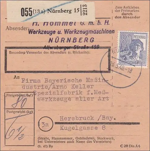 Paketkarte Nürnberg nach Hersbruck 1948, Einzelfrankatur