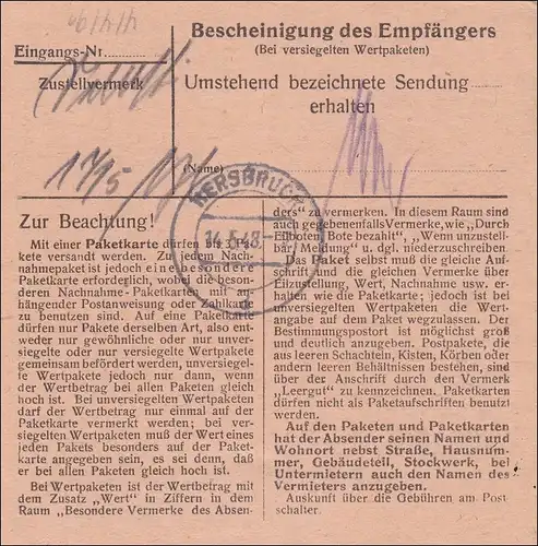 Carte de colis Nuremberg vers Hersbruck 1948, Francais individuel