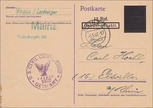 Ganzsache geschwärzt von Mainz nach Eltville 1946 - US Zensur