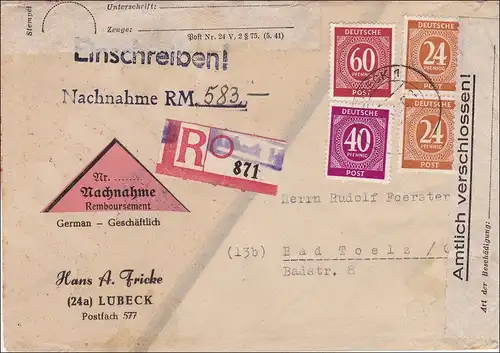 Nachnahme/Einschreiben von Lübeck nach Bad Toelz 1947