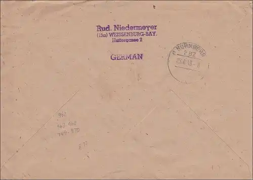 Einschreiben Weissenburg nach Nürnberg 1948