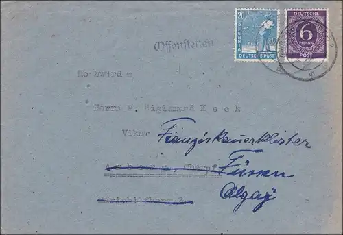 Brief aus Offenstetten/Abensberg nach Füssen 1948