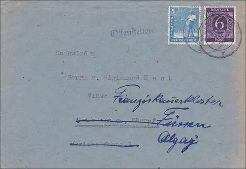Lettre d'Offenstetten/Abensberg à Füssen 1948