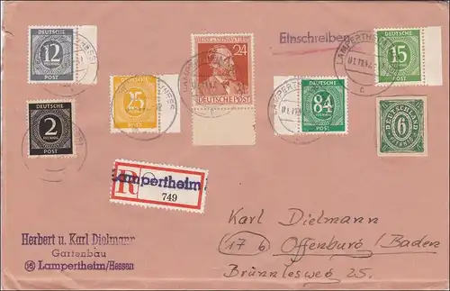 Einschreiben Lampertheim nach Offenburg 1947, Gartenbau