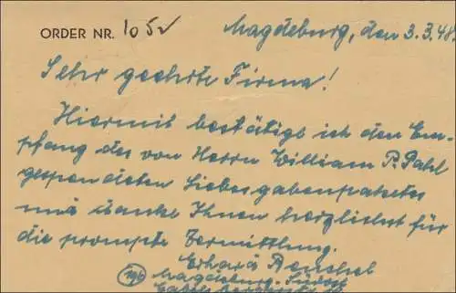 Postkarte aus Magdeburg 1948 nach USA - Bestellung