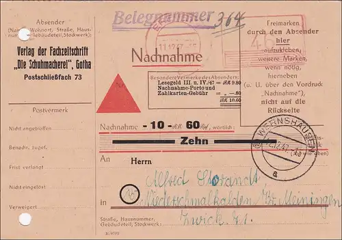 Nachnahme Fachzeitschrift Schuhmacherei Erfurt-Freistempel-nach Wernshausen 1947