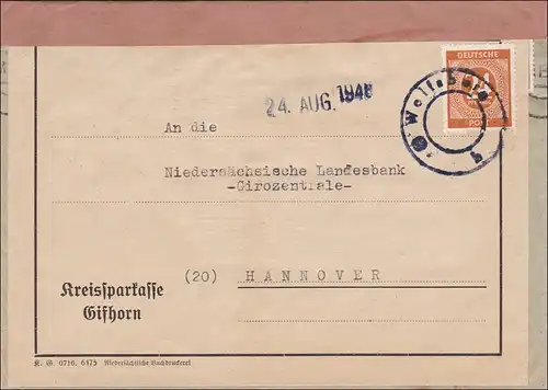 Brief Kreissparkasse Gifthorn / Wolfsburg nach Hannover 1948