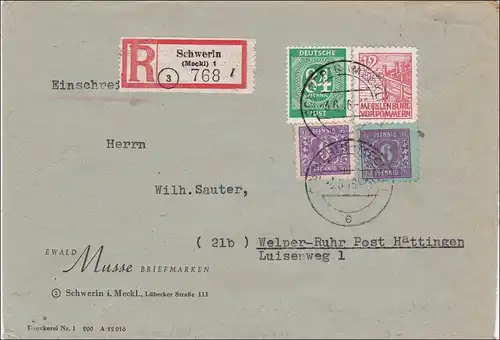 SBZ: Lettre de Schwerin selon Welper-Ruhr-Post Hattingen 1946