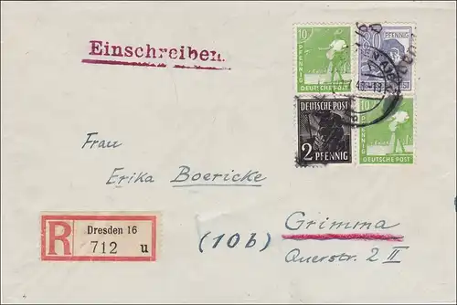 SBZ: Einschreiben aus Dresden nach Grimma 1948 - Handstempel