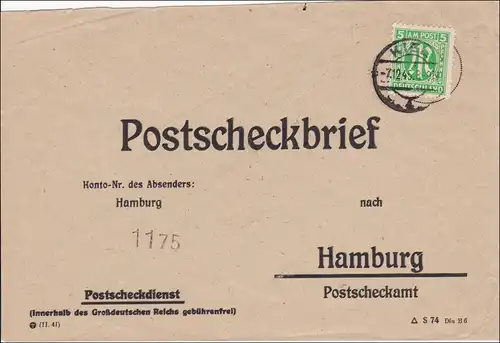 BiZone: Postscheckbrief von Kiel 1945 nach Hamburg