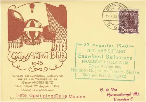 Ballon Course Holland/Belgique/France/Suisse Düsseldorf vers Rotterdam 1948