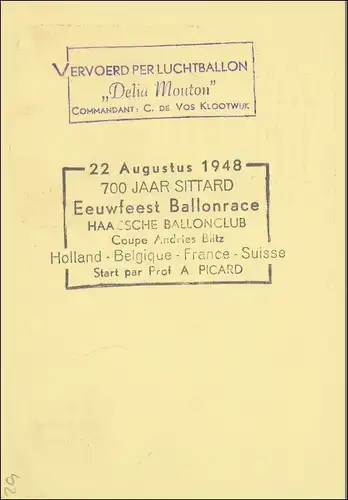 Ballon Course Holland/Belgique/France/Suisse Düsseldorf vers Rotterdam 1948