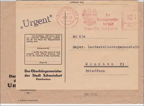 BiZone: Brief Oberbürgermeister Schweinfurt nach München - Freistempel 1947