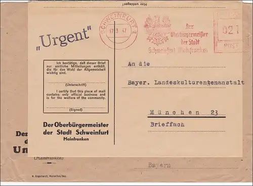 BiZone: Lettre du maire Schweinfurt à Munich - cachet gratuit 1947