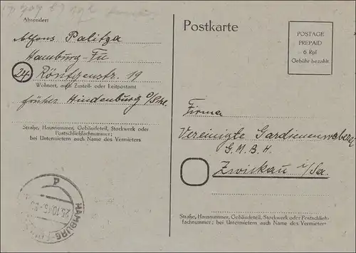 Postkarte von Hamburg nach Zwickau 1945