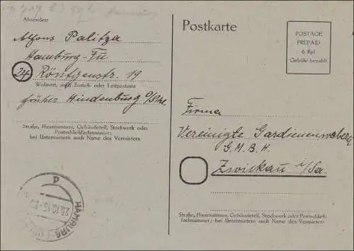 Postkarte von Hamburg nach Zwickau 1945