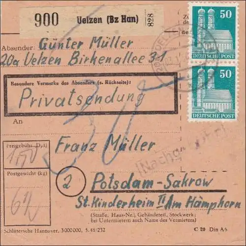 BiZone: Paketkarte aus Uelzen nach Postdam-Sakrow 1950, Nachgebühr