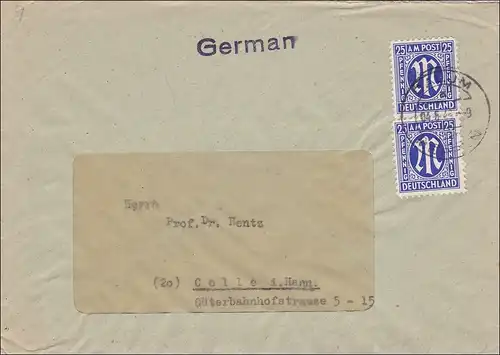 BiZone: Lettre de Dalum/Lingen à Celle 1946