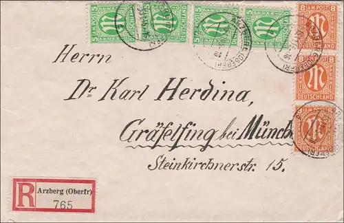 BiZone:  Einschreiben Arzberg nach Gräfelfing 1945, MiNr. 5I