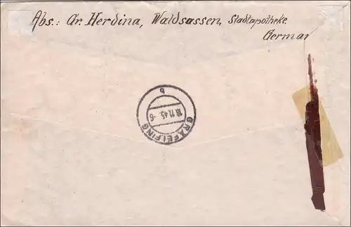 BiZone:  Einschreiben Arzberg nach Gräfelfing 1945, MiNr. 5I