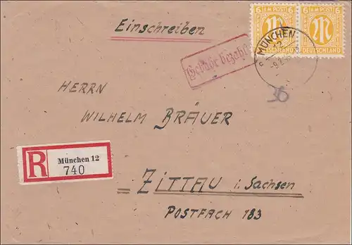 BiZone: Lettre recommandé de Munich après Zittau 1946 - Frais payés