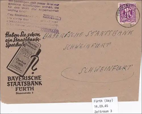 BiZone: Brief aus Fürth 1945 nach Schweinfurt - Bestätigung