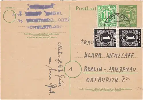 BiZone:  Ganzsache von Trostberg nach Berlin 1946