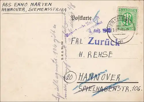 BiZone: Carte postale Hanovre 1945 - Précédent