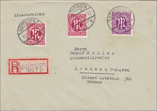 BiZone: lettre recommandée de Göppingen vers Landshut 1946, Min. 24Cz