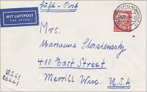 Lettre postale aérienne de Wuppertal vers les États-Unis en 1960