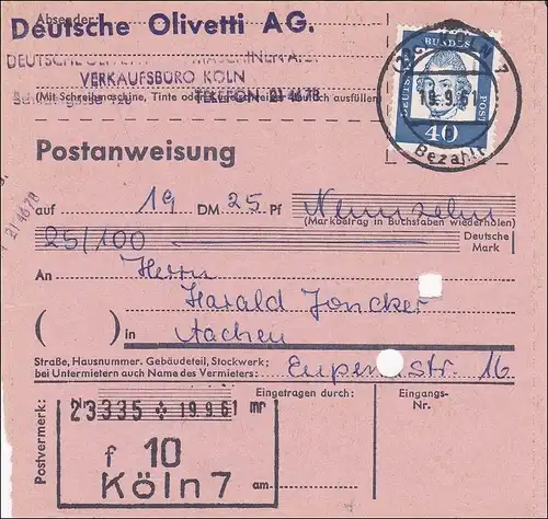 Postanweisung Olivetti AG Köln nach Aachen - Einzelfrankatur 1961