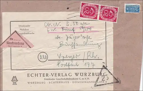 Päckchen Nachnahme - Adressauschnitt von Würzburg nach Speyer 1952