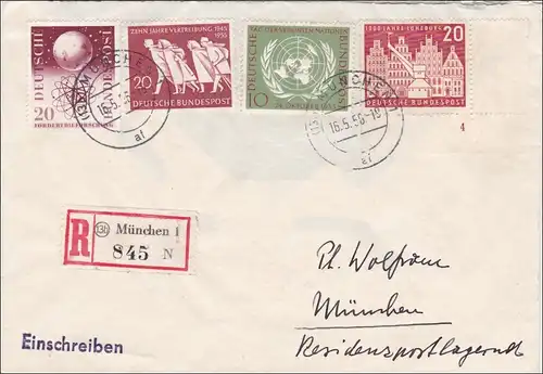 Einschreiben von München 1956 - Eckrand Marke