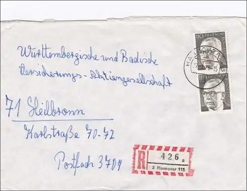 Lettre recommandé de Hanovre à Heilbronn 1976