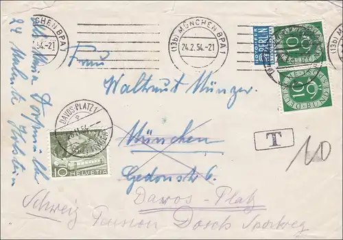 Brief aus München mit Weiterleitung in die Schweiz - Nach Taxe 1954