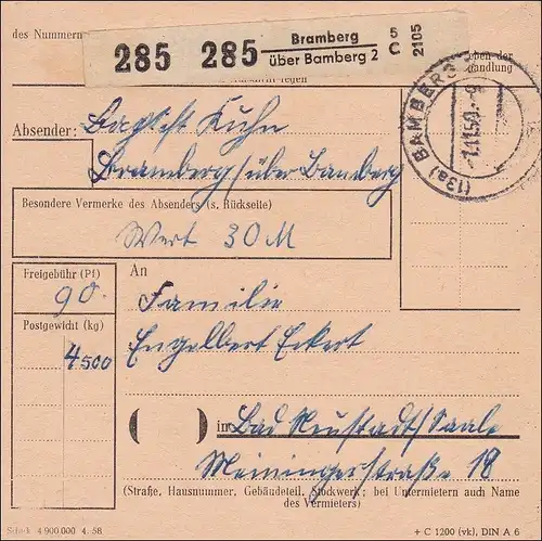 Carte de paquet Bramberg via Bamberg 1959