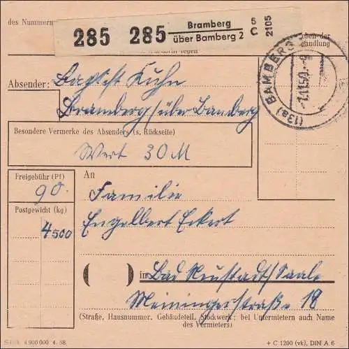 Paketkarte Bramberg über Bamberg 1959