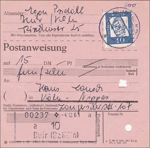 Postanweisung Köln 1961