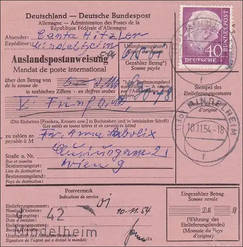 Auslandspostanweisung Mindelheim 1954 EF